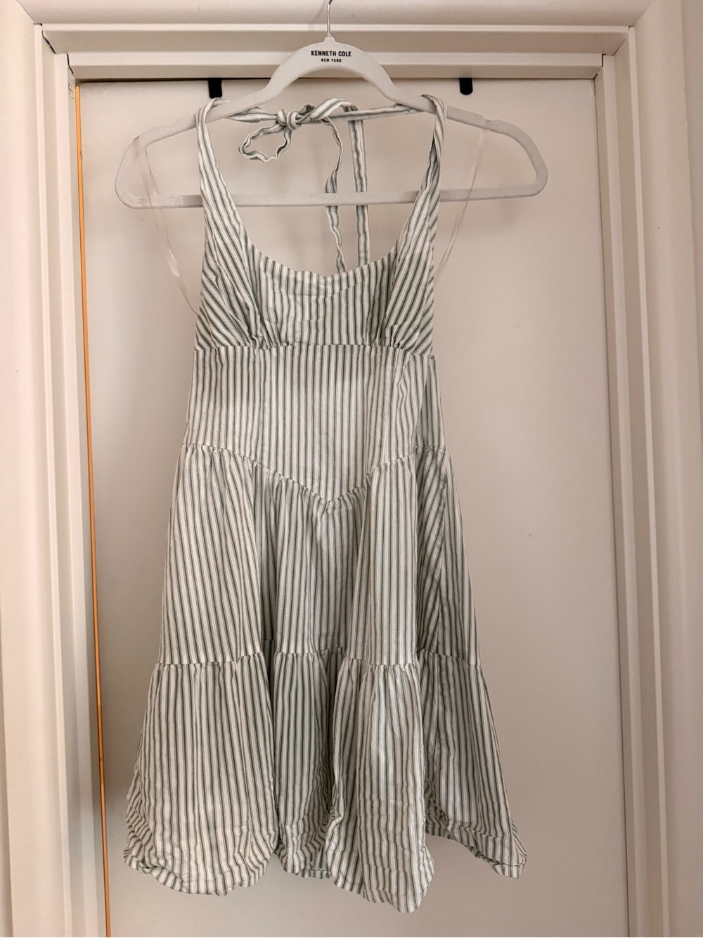 Wild Fable Gray/Green and White Striped Tie-Back Mini Sundress